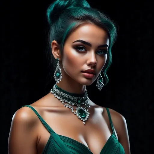 Prompt: <mymodel>High-res, realistic portrait of a stylish woman, vibrant green color scheme, large expressive green eyes, flawless makeup, luxurious green fabrics, elegant pose, detailed hair and accessories, professional, high-quality, realistic, green tones, detailed eyes, elegant styling, natural lighting