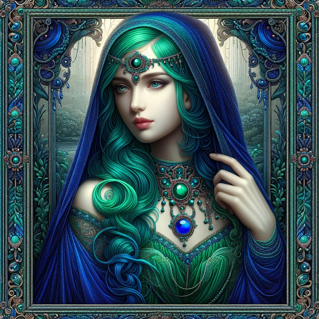 Prompt: a woman with green hair and a necklace on her neck and a blue dress on her chest . Artgerm, fantasy art, highly detailed digital painting, an ultrafine detailed painting