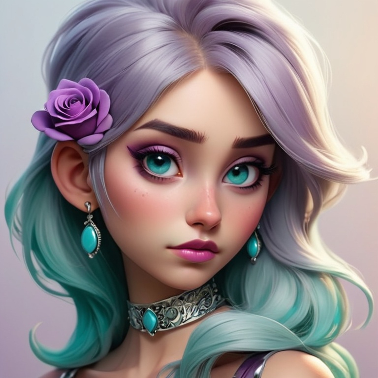 Prompt:  girl with silver hair, dusky purple rose , turquoise jewelry