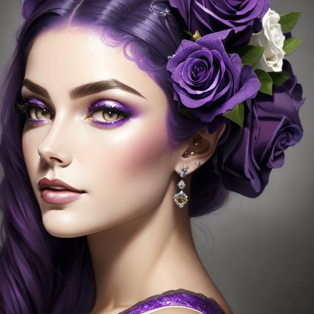 Prompt: Cosmic Epic Beauty, Beautiful and Gorgeous, purple roses in hair