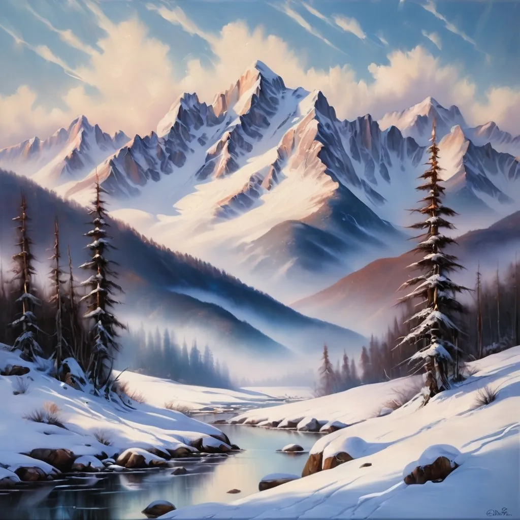 Prompt: Snowy mountain landscape, oil painting, snow-capped peaks, serene winter scene, high quality, realistic, cool tones, soft lighting, peaceful atmosphere