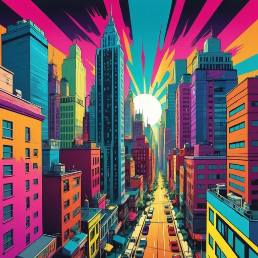 Prompt: Vibrant pop art illustration of a flamboyant cityscape, bold and lively colors, comic book style, retro pop culture references, exaggerated perspectives, high energy, best quality, vivid, dynamic, pop art, comic book style, vibrant colors, retro, exaggerated, lively, cityscape, energetic, professional, dynamic lighting