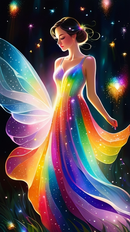 Prompt: A luminous, etherel mesmerizing woman walks among sparkling fireflies, her skin shimmering with a rainbow of colors. She possesses an otherworldly beauty.  This enchanting scene is depicted in a digitally painted illustration, each brushstroke capturing the magical essence of the scene. The vivid colors and exquisite details make this image a truly mesmerizing piece of art.