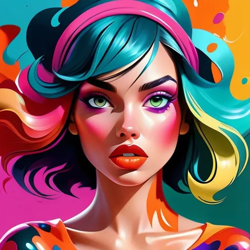 Prompt: Colorful digital illustration of a vibrant young woman, expressive and lively, bold and vivid colors, high contrast and dynamic composition, abstract and surreal artistic style, glossy and reflective surfaces, intricate patterns and textures, 4k, ultra-detailed, digital art, vibrant colors, dynamic composition, surreal, glossy surfaces, intricate patterns, high quality, expressive, lively, bold, vivid, vibrant