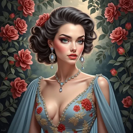 Prompt: Radiating elegance, a young woman with lustrous, dark curls sits confidently against a soft, verdant backdrop filled with lush greenery, exuding an air of royal sophistication. Her striking blue gown, characterized by its plunging neckline, complements the exquisite jewelry adorning her—an elaborate necklace with deep blue stones paired with matching earrings, casting a luminous glow against her fair skin. The scene, framed by ornate architectural elements, suggests an opulent indoor setting bathed in warm light, further enhancing her graceful pose and poised expression. The overall composition harmonizes rich color tones with a sense of tranquil luxury, inviting viewers to immerse themselves in the refined atmosphere of beauty and serenity.