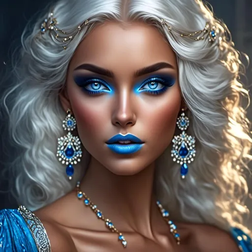 Prompt: <mymodel>A beautiful woman, white hair, blue eyes, blue eyeshadow, blue jewels o