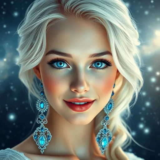 Prompt: Luminous blue eyes captivate the viewer, framed by soft, tousled platinum hair that cascades in gentle waves, Her porcelain skin glows with a soft blush, while her radiant smile reveals perfectly polished lips. Elegantly designed dangling earrings featuring intricate silverwork and vibrant blue gems catch the light, enhancing her ethereal appearance. The backdrop is a dreamy, starry expanse that imbues the scene with a mystical ambiance, creating a striking contrast with her luminous features. Overall, the image exudes a blend of elegance and enchantment, inviting admiration and intrigue.