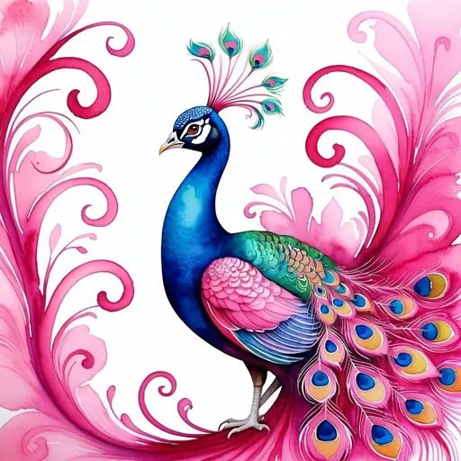 Prompt: <mymodel>Colourful watercolour painting of a dreamy pink peacock, vibrant swirls, high quality, watercolour, dreamy, vibrant, colourful, pink, peacock, swirls, animal art, detailed feathers, artistic, whimsical, dreamlike, professional