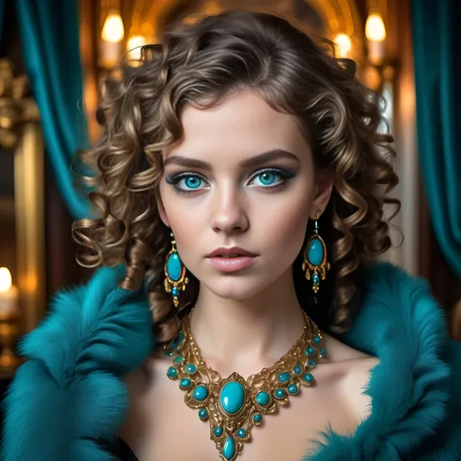 Prompt: Luxurious elegance radiates from a striking young woman with cascading, full curls framing her face. Her piercing blue eyes captivate, enhanced by delicately applied makeup, while she wears an ornate gold necklace adorned with vibrant turquoise stones that glisten gracefully against her skin. Draped in a rich teal fur wrap, she exudes sophistication amid an opulent interior characterized by soft, ambient lighting and richly colored decor. The carefully composed scene highlights her regal presence, suggesting a narrative of grandeur and beauty, drawing the viewer into a world of glamour and refined allure.