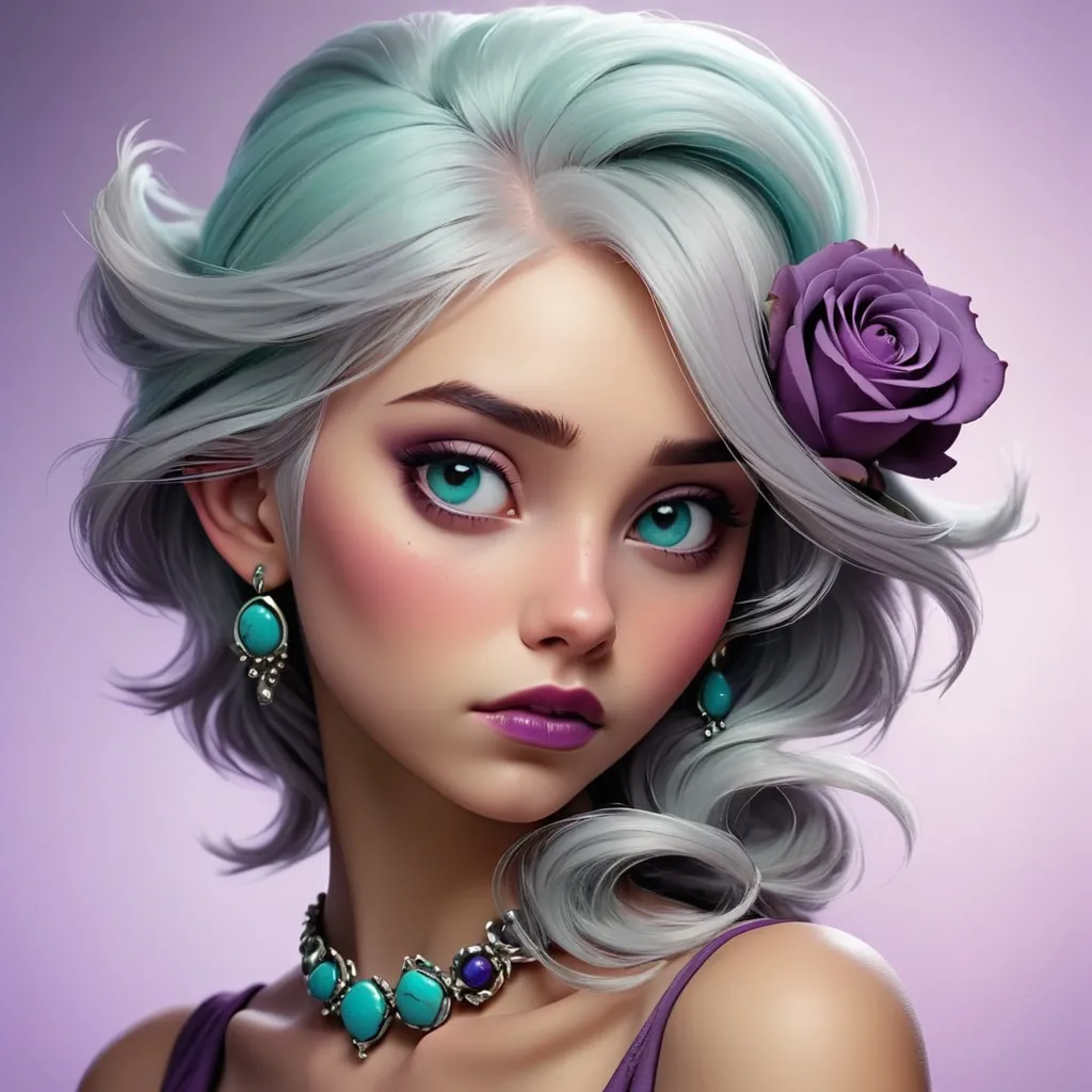 Prompt:  girl with silver hair, dusky purple rose , turquoise jewelry