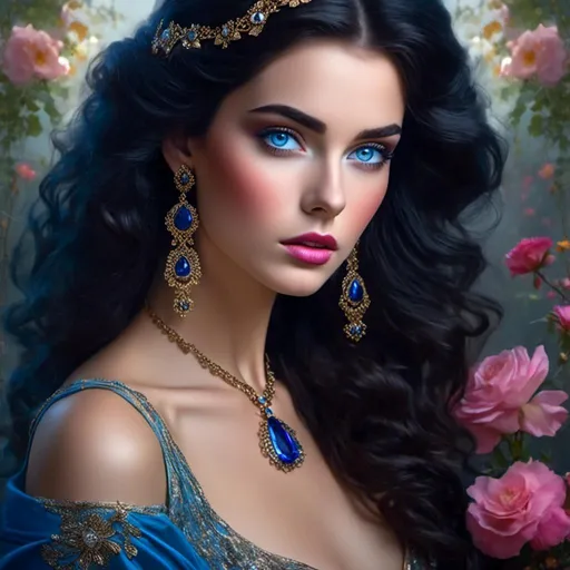 Prompt: <mymodel>a Sapphire lady, feminine elegant princess ,  dark hair, large blue eyes, wearing jewls in her hair,  beautiful makeup, blue eyeshadow, dark pink lipstick, facial closeup