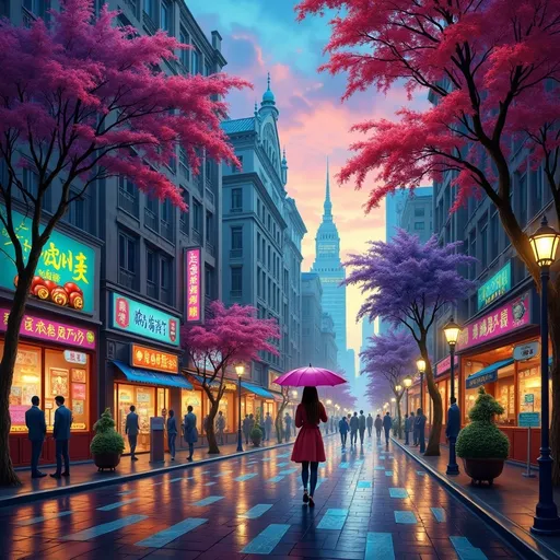 Prompt: A bright and colorful image of a woman walking down a street holding an umbrella in the rain, Evgeny Lushpin, fantasy art, highly detailed digital painting, a detailed matte painting