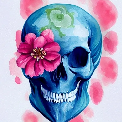 Prompt: a watercolor painting of a skull with a flower in its hair and a pink flower in its mouth, Annabel Eyres, vanitas, skull, a watercolor painting