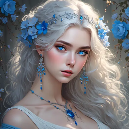 Prompt: <mymodel>A beautiful woman, white hair, blue eyes, blue eyeshadow, blue jewels on forehead
