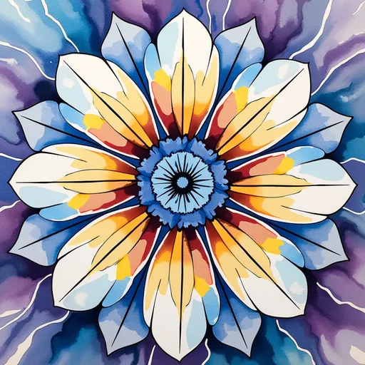 Prompt: This image is a vibrant, digitally-created, abstract artwork featuring a symmetrical, multi-colored flower-like pattern. At the center of the image is a small, circular, blue and white flower with fine, radiating lines, creating a textured, sunburst effect. Surrounding this central flower are larger petals, each with a gradient of colors from white at the edges to yellow and orange towards the center. The petals are outlined in black, adding definition and contrast. The background consists of swirling, wavy lines in shades of blue and purple, which blend seamlessly into the petals, giving a sense of depth and movement. The overall style is reminiscent of psychedelic art, with a focus on bold colors, symmetrical patterns, and intricate details. The image has a vibrant, energetic feel, with the interplay of colors and lines creating a dynamic, visually engaging composition. The texture of the petals is smooth, while the background lines add a sense of flow and motion. The image is highly detailed and uses a combination of flat colors and intricate line work to create a striking, eye-catching effect.