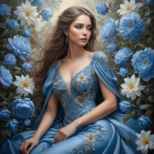 Prompt: woman in blue dress surrounded by flowers, beautiful and elegant, detailed dress and face,beautiful fantasy portrait, very beautiful fantasy art, detailed realistic beautiful, stunning detailed painting, beautiful fantasy art, beautiful detailed elegant, elegant photorealistic, detailed beautiful portrait, detailed soft painting 