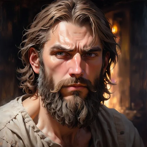 Prompt: Realistic portrait of a contemplative man, oil painting, rugged features, expressive eyes, dramatic lighting, fine brushwork, high quality, moody, warm tones, detailed beard, intense gaze, atmospheric lighting