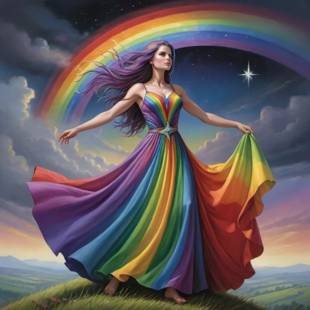 Prompt: a woman in a rainbow dress standing on a hill with a rainbow in the background and a star in the sky, Anne Stokes, fantasy art, fantasy artwork, a fine art painting