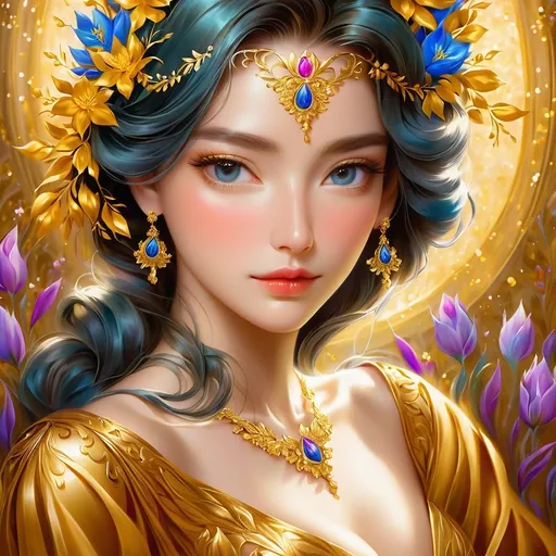 Prompt: a painting of a woman with flowers in her hair and a gold dress on her head and shoulders, with a golden background, Artgerm, fantasy art, highly detailed digital painting, a detailed painting