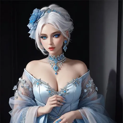 Prompt: A beautiful woman, white hair, blue eyes, blue eyeshadow, blue jewels o