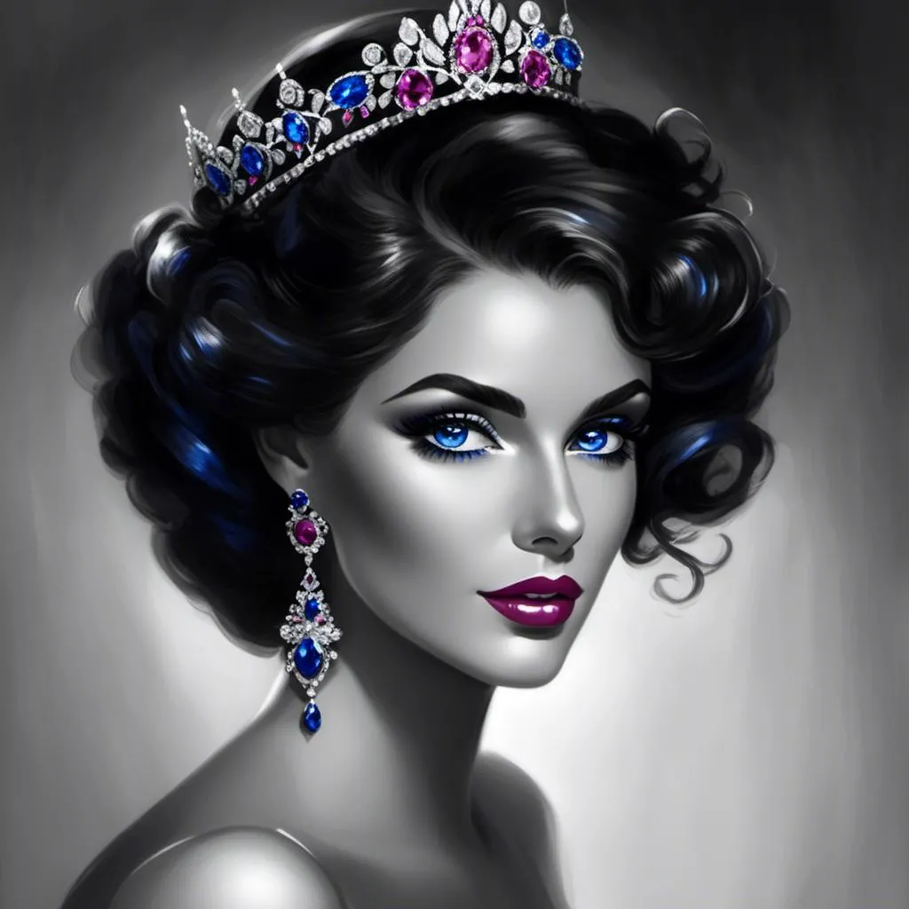 Prompt: <mymodel>a Sapphire lady, feminine elegant princess ,  dark hair, large blue eyes, wearing jewls in her hair,  beautiful makeup, blue eyeshadow, dark pink lipstick, facial closeup