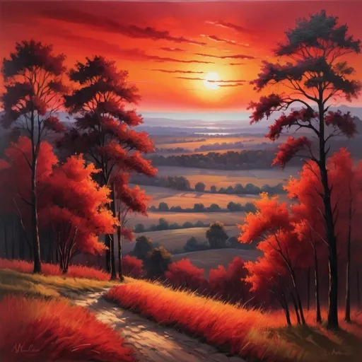 Prompt: Red sunset landscape, oil painting, vibrant colors, fine details, high-quality, realistic, warm tones, dramatic lighting, expansive horizon, silhouettes of trees, serene atmosphere