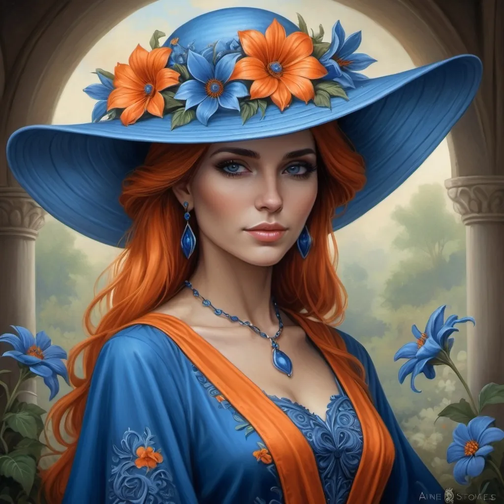 Prompt: a painting of a woman wearing a large  blue hat with  orange flowers on it and a blue dress, Anne Stokes, fantasy art, highly detailed digital painting, a fine art painting