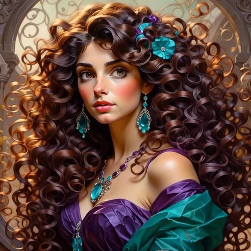 Prompt: <mymodel>An extremely gorgeous woman,  with turquoise jewels, in color scheme of purple, long curly hair
