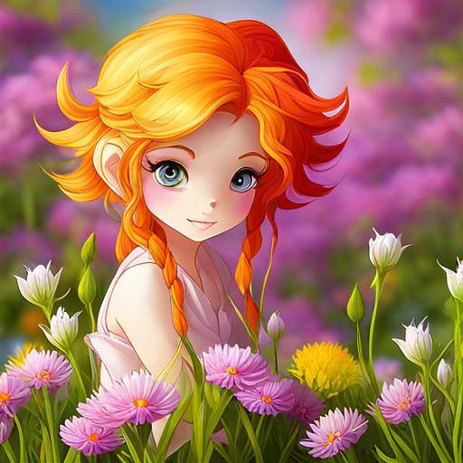 Prompt: a fairy of spring, ,wildflowers, vivid colors, closeup