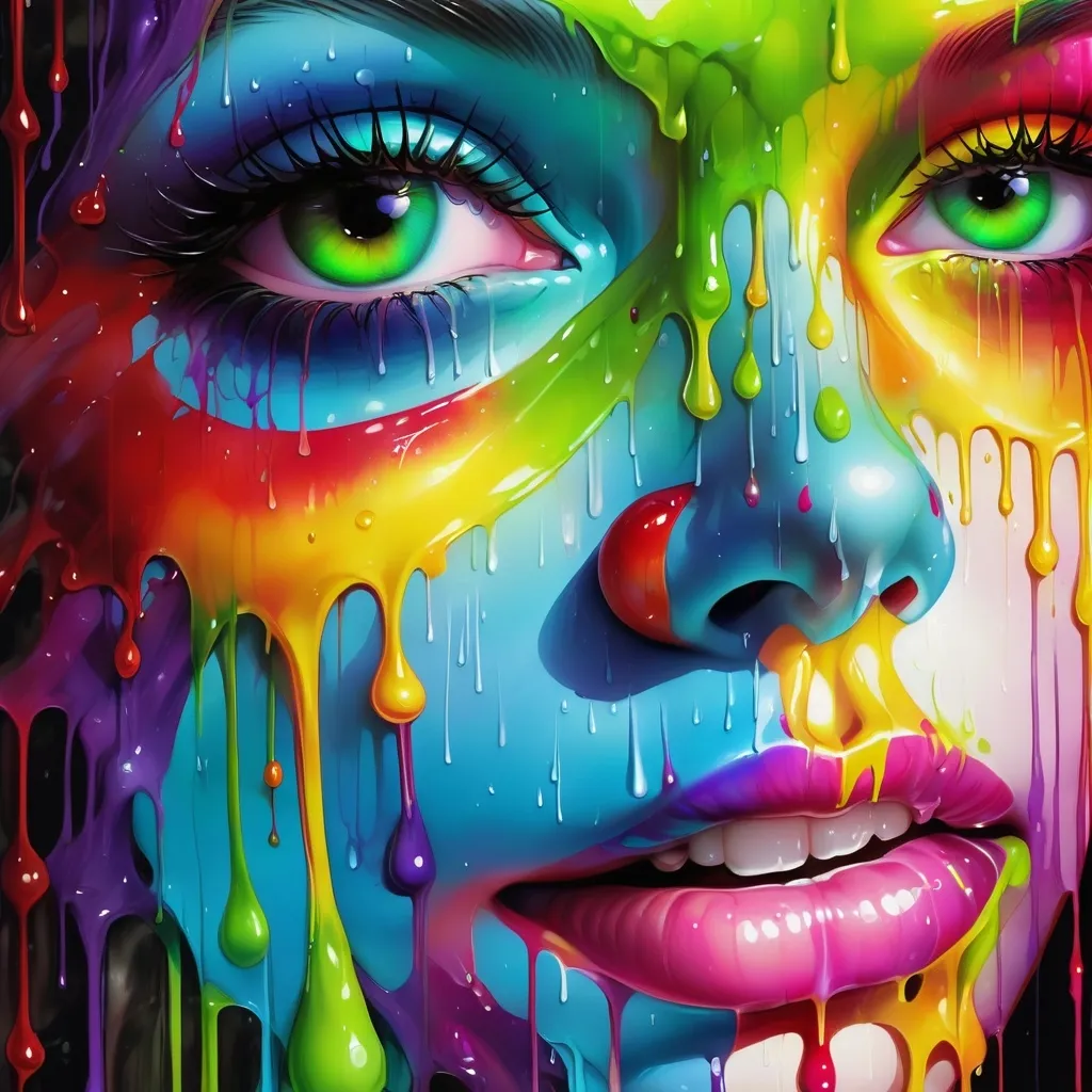 Prompt: a woman with colorful makeup and dripping paint on her face and face, with a green apple in the center, artist, psychedelic art, highly detailed digital painting, an airbrush painting