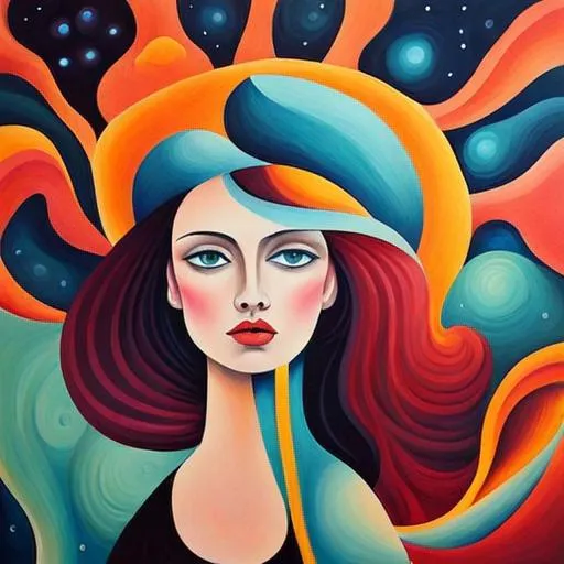 Prompt: Surreal portrait of beautiful female, cosmic landscape background, acrylic on canvas in style of post modernism 