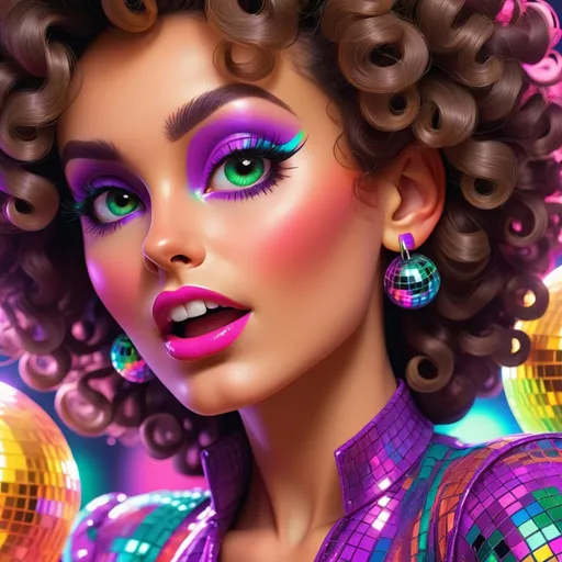 Prompt: 80s disco lady, retro neon aesthetic, vibrant colors, groovy dance floor, glamorous outfit, big curly hair, sparkling disco ball, energetic vibe, high quality, detailed, retro, neon, vibrant, glamorous, energetic, groovy, disco, 80s, dance floor, vibrant colors, sparkling, big hair, funky fashion, facial closeup