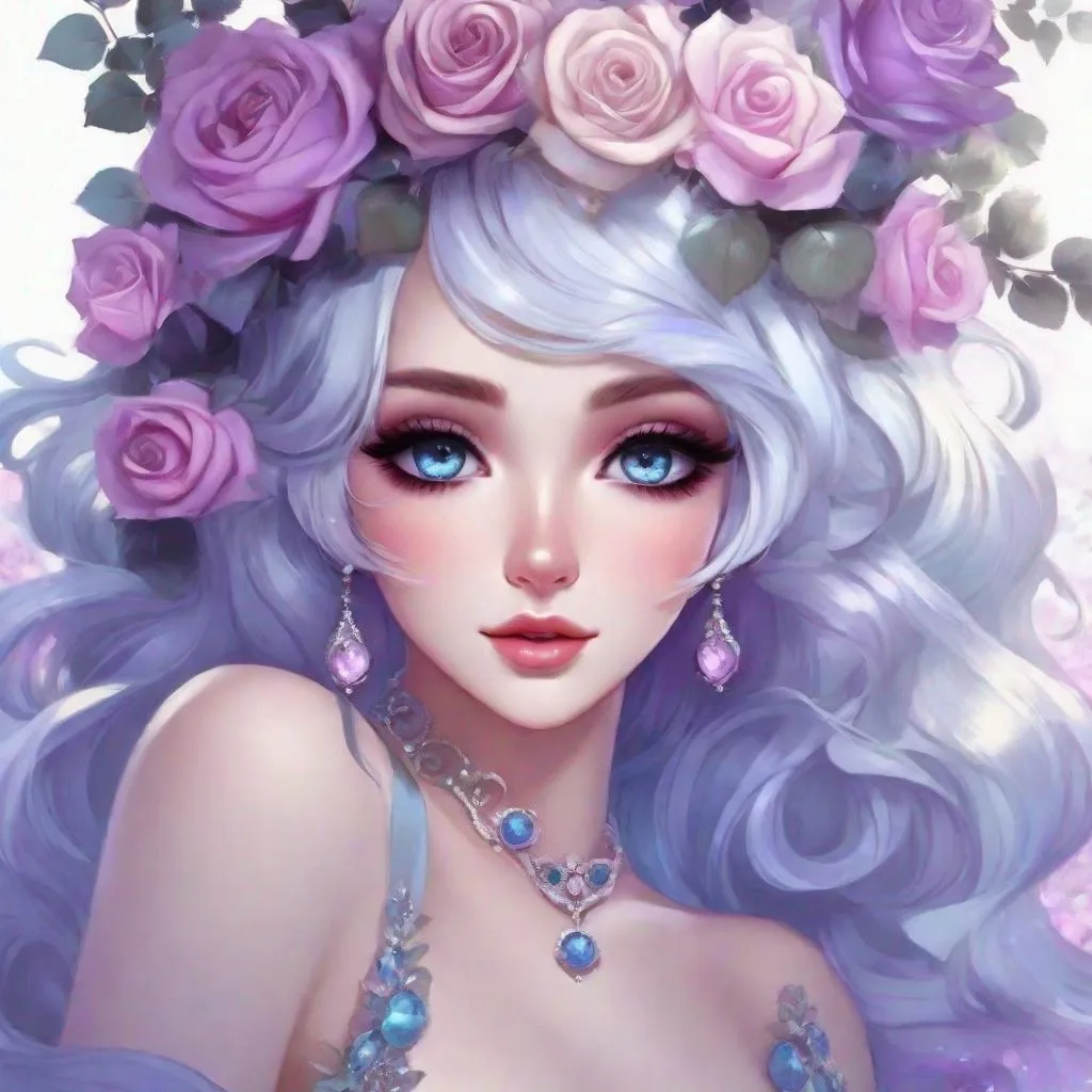 Prompt: A beautiful woman, white hair with pastel purple highlights, violet eyes, blue eyeshadow, pastel blue roses in her hair, blue jewels on forehead, cartoon style