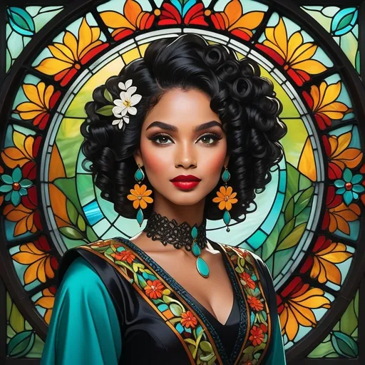 Prompt: Against a vibrant, stained-glass-like background filled with swirling greens and yellows, a striking figure emerges, capturing attention with her voluminous, dark curls adorned with delicate flowers. Her bold red lips and expertly defined eyes exude confidence, enhanced by ornate turquoise earrings that add elegance to her ensemble. Dressed in a black outfit featuring intricate patterns and bright orange and blue accents, she stands poised, creating a compelling focal point full of life and personality. The overall style blends modern artistry with a floral motif, conveying a mood that intertwines strength and grace, while the play of colors and shapes suggests a harmonious connection with nature.