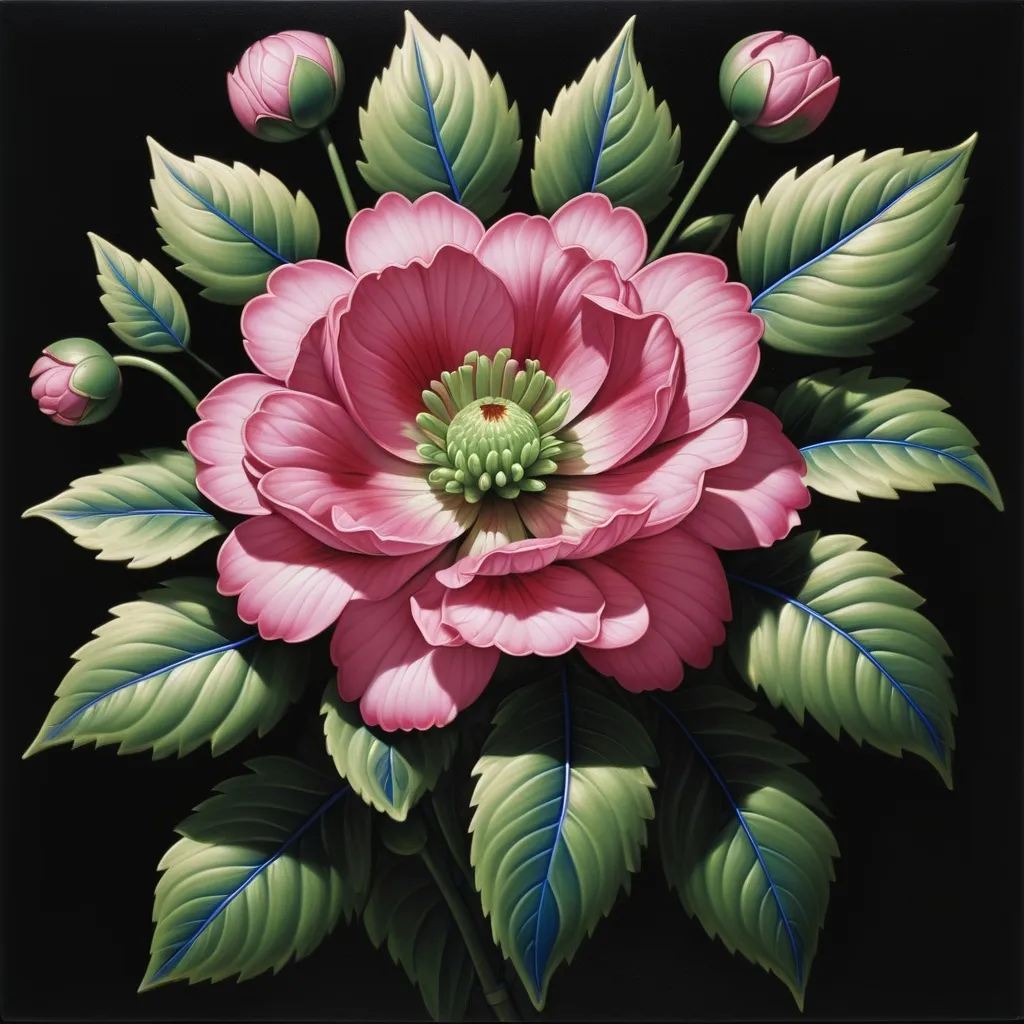 Prompt: a painting of a pink flower with green leaves on a black background with a blue center surrounded by green leaves, Carl Critchlow, cloisonnism, highly detailed oil painting, an airbrush painting