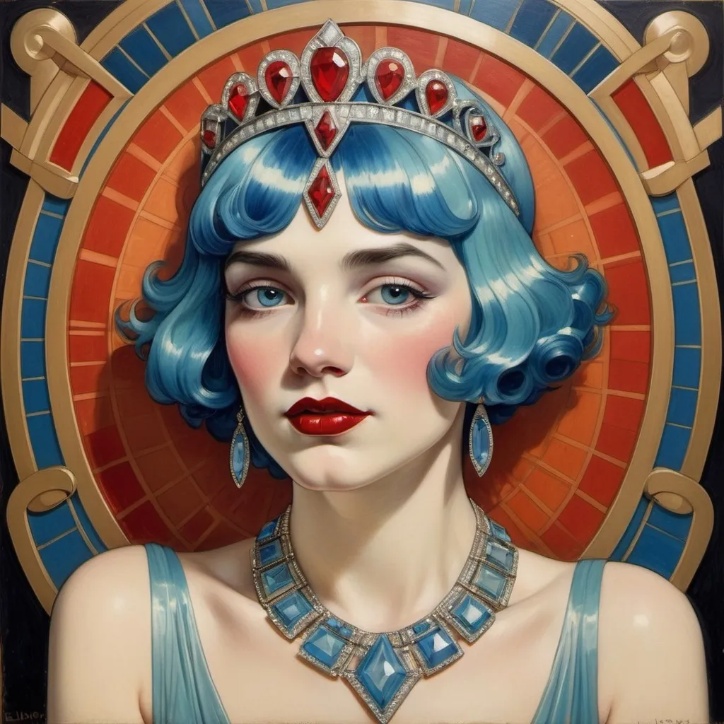 Prompt: a woman with blue hair wearing a tiara and necklace with jewels on it's neck and a red lip, Elinor Proby Adams, art deco, jewelry, an art deco painting