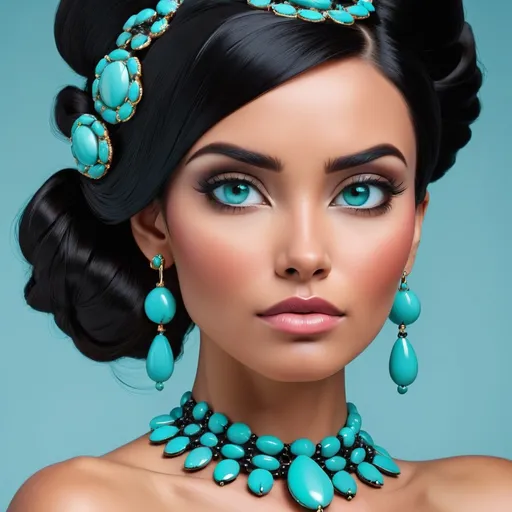 Prompt: Beautiful woman, shiny black hair in an updo,  wearing elaborate turquoise jewelry, facial closeup