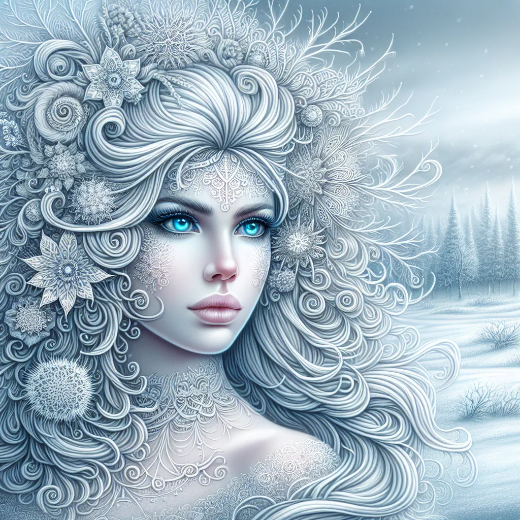 Prompt: a white woman with a snowflaked hair and blue eyes is shown in this artistic photo of snowflakes, amy sol, fantasy art, highly detailed digital painting, an ambient occlusion render