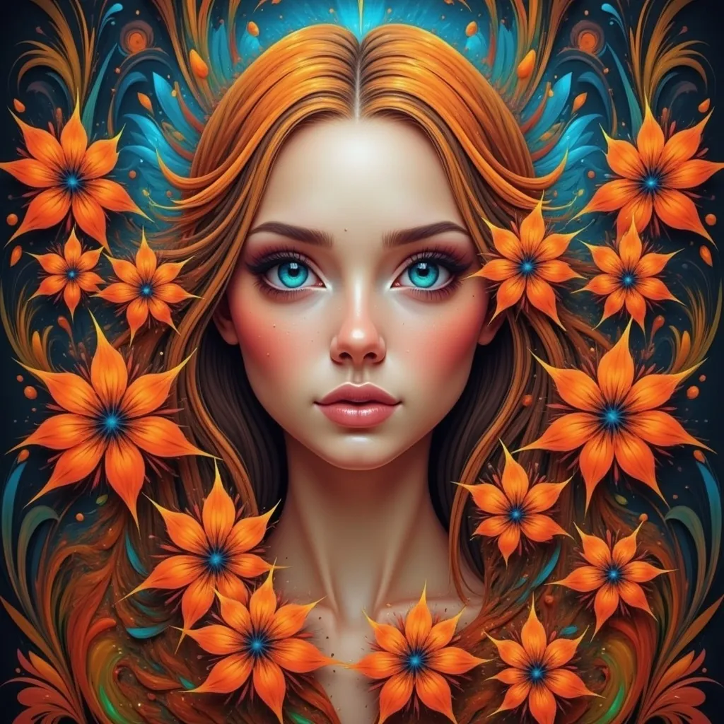 Prompt: a painting of a woman with orange flowers around her face and eyes, with a blue background and a black background, Amanda Sage, fantasy art, highly detailed digital painting, a detailed painting