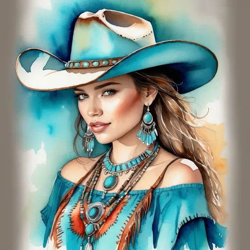 Prompt: <mymodel> Watercolor and pen sketch of a young woman in southwestern style, turquoise jewelry, cowboy hat, flowing attire, intricate details, vibrant colors, high quality, southwest art, watercolor, pen sketch, detailed jewelry, flowing attire, vibrant colors, beautiful woman, high quality imagery, professional, atmospheric lighting