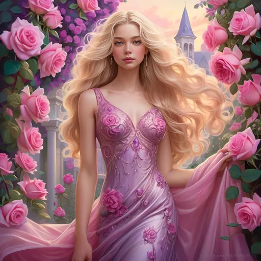 Prompt: Radiating grace and charm, a beautifully illustrated young woman stands against a lush backdrop of vibrant pink roses, her long, flowing blonde hair cascading softly around her shoulders. Adorned in a stunning pink gown embellished with intricate details and sparkling accents, she elegantly holds the hem of her dress, allowing it to drape gracefully around her. Her expressive violet eyes and gentle smile invite warmth, as soft light emanates from behind her, enhancing the ethereal aura of the scene. Surrounded by delicate flowers and a soft, dreamy atmosphere, the composition underscores a romantic and whimsical narrative, evoking feelings of beauty and serenity.