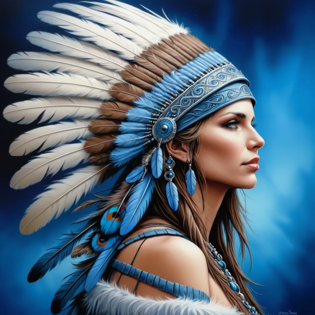 Prompt: a painting of a woman wearing a headdress and feathers on her head, with a blue background, Anne Stokes, fantasy art, highly detailed digital painting, an airbrush painting