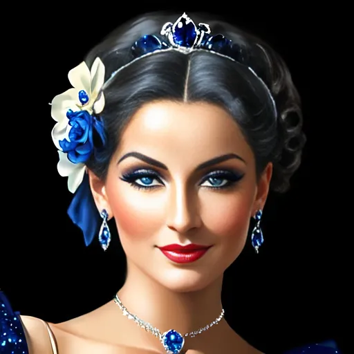 Prompt: Glamorously dressed lady of rhe 1930's wearing sapphire jewelry,blue eyes