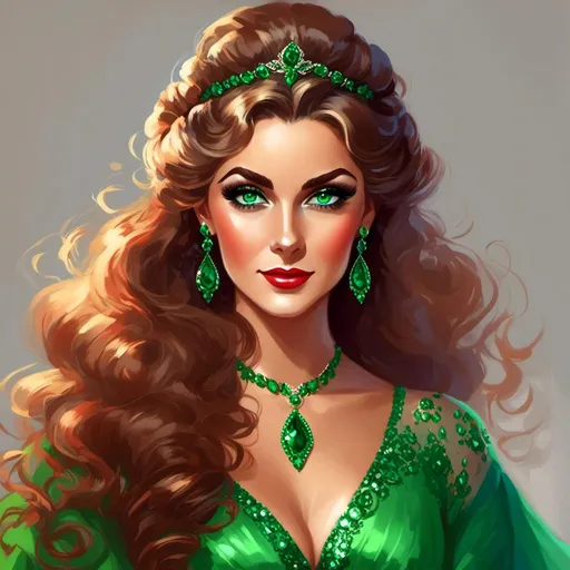 Prompt: <mymodel>Detailed illustration of a woman in vibrant green attire, large vivid green eyes, elegant makeup, digital painting, high resolution, realistic style, vibrant green, professional lighting