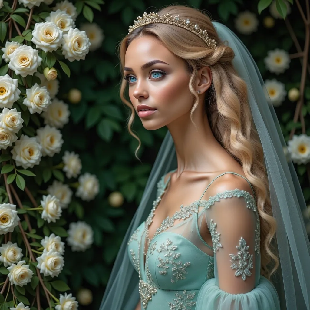 Prompt: Bathed in soft, ethereal light, a striking figure embodies grace and elegance, her delicate features framed by cascading waves of long blonde hair. Adorned with a golden crown and wearing an intricately designed gown in soft teal, she gazes contemplatively to the side, accentuated by the sheer fabric of her flowing veil. Surrounding her are lush clusters of white roses, creating a romantic and serene backdrop that contrasts beautifully with the rich, deep green of the setting. The overall composition exudes a timeless beauty, evoking a sense of fairy-tale enchantment, where every detail underscores a mood of tranquility and refinement.