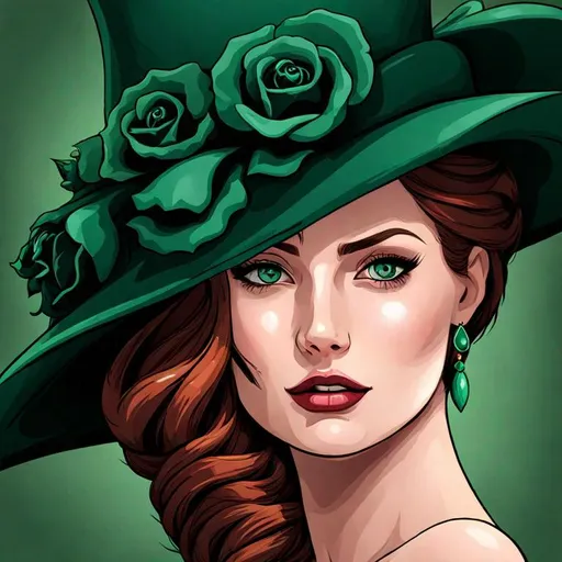 Prompt: Emerald lady wearing a emerald hat with emerald roses, cartoon style