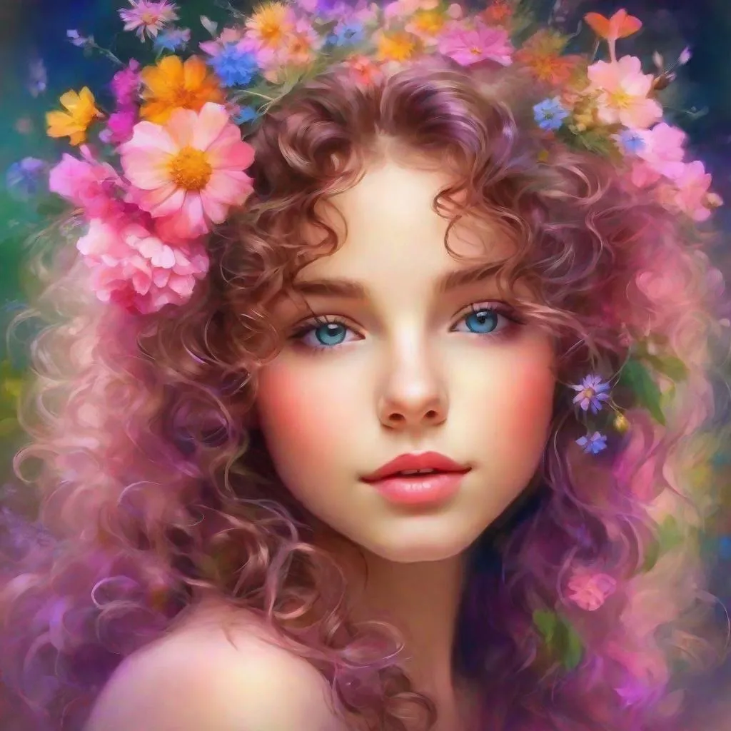 Prompt: a young fairy of spring, very curly hair, pink glow on cheeks,wildflowers, vivid colors, closeup