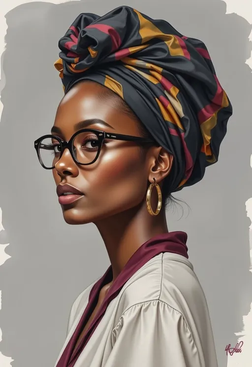 Prompt: A poised young woman exudes confidence with her striking profile, framed by a vibrant black and colorful patterned headwrap that cascades elegantly. Her large, round glasses accentuate her sharp features and engage the viewer directly, while her smooth skin glows softly against the muted gray background. The gold hoop earrings and simple jewelry add a touch of elegance, harmonizing beautifully with her burgundy and white outfit that wraps around her shoulders. The overall composition conveys a modern yet culturally rich narrative, emphasizing her individuality and strength in a contemporary style.