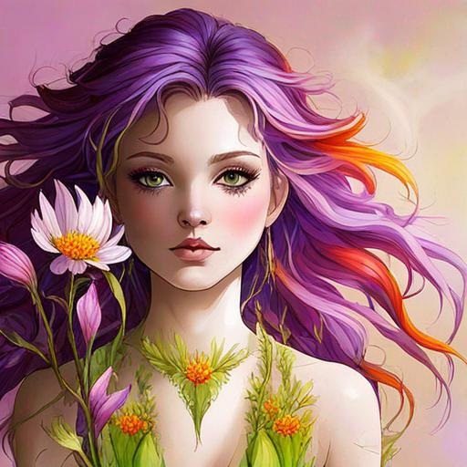 Prompt: a fairy of spring, ,wildflowers, vivid colors,  facial closeup