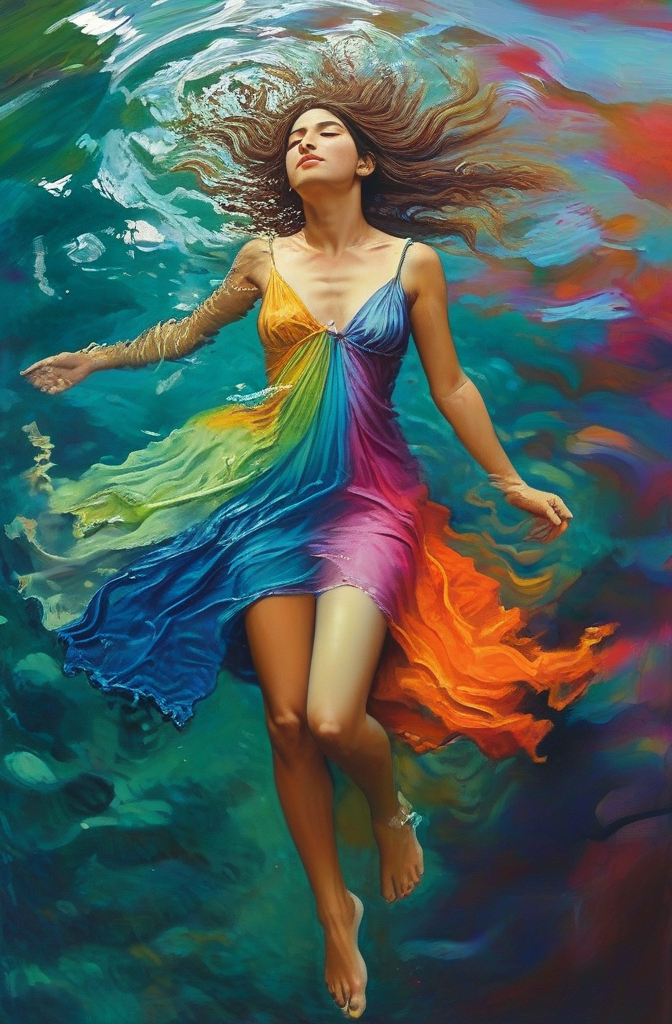 Prompt: a woman in a colorful dress floating in the water with her hair  floatingand her body painted with colors, Alberto Seveso, visual art, vivid colors, an airbrush painting